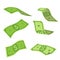Cartoon banknotes and coins. Green dollar bill packs, bundles, stacks and piles