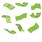 Cartoon banknotes and coins. Green dollar bill packs, bundles, stacks and piles. Flying banknote and falling gold coin. Bank cash