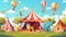 A cartoon banner advertising a circus show with animals artists on a big top arena. A carnival invitation to