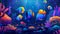 Cartoon banner with cute tropical fishes at coral reef underwater background. Undersea animals, wildlife, seaweed