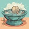 Cartoon baptismal font and shell with symbolic significance in Christian baptism