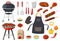 Cartoon barbecue equipment, outdoor bbq picnic elements. Grilled steak and vegetables, barbecued food for summer grill