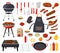 Cartoon barbecue equipment for picnic. Summer grill party elements, cooking tools and utensils. Grilled meat steaks