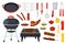 Cartoon barbecue food and utensils, bbq party elements. Outdoor grills, barbecued meat and vegetables, grill picnic equipment