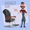 Cartoon barber character and lounge chair for haircuts. Vector illustration.