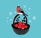 Cartoon basket with red berries an winter bullfinch on it.