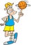 Cartoon basketball player spinning a basketball on his finger.