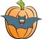 Cartoon bat in front of a large pumpkin.