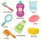 Cartoon bathroom accessories vocabulary vector icons. Mirror, towel, sponge, toothbrush and soap
