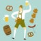 Cartoon Bavarian man with beer and food