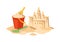 Cartoon beach sandcastle and red plastic bucket filled with sand