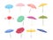 Cartoon beach umbrella. Sun protective outdoor large parasols with stripes, summer sunshade isolated vector illustration