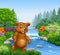 Cartoon bear in Beautiful river in forest