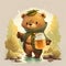 Cartoon bear, big-hearted, friendly, clumsy, honey-loving, brown, wearing a green sweater and carrying a jar of honey, walking