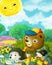 Cartoon bear eating honey with hedgehog and mole