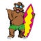 Cartoon bear gives shaka sign holding a surfboard