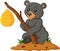 Cartoon bear holding branch with bee hive