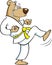 Cartoon bear in a Karate uniform kicking.