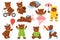 Cartoon bear with objects. Woodland animal in funny costumes, cute brown mammal character, comic grizzly, different