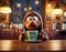 A cartoon bear is seated at a wooden table with a coffee cup on a saucer