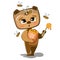 Cartoon Bear with a sweet tooth eating honey from a little wooden barrel. Teddy afraid of the bee. Funny childish