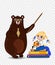 Cartoon bear teacher and school girl sitting on books pile isolated, clip art