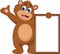 Cartoon bear waving hand with blank sign