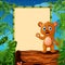 Cartoon bear waving hand on hollow log near the empty framed signboard