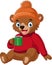 Cartoon bear wearing sweater and hat holding hot coffee