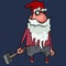 Cartoon bearded gnome in a red cap stands with a hammer in his hand