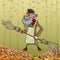 Cartoon bearded janitor with double sided broom in autumn park