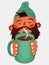 Cartoon bearded man holds a mug with a hot drink in his hands. Retro grunge vector illustration.