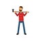 Cartoon bearded woodcutter character in red plaid shirt standing and holding axe on his shoulders