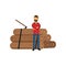 Cartoon bearded woodcutter in hipster plaid shirt standing near pile of logs with arms crossed. Flat vector illustration