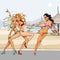 Cartoon beautiful girls in bikinis dancing on the beach