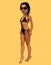 Cartoon beautiful tanned woman in swimsuit and sunglasses
