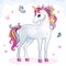 Cartoon beautiful unicorn with rainbow mane on white background. Children`s illustration suitable for print and sticker. Vector.