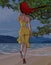 Cartoon beautiful woman in dress strides along the seashore