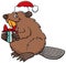 Cartoon beaver animal character with gift on Christmas time