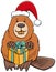 Cartoon beaver animal character with gift on Christmas time