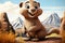 a cartoon beaver sitting on the ground with mountains in the background