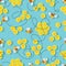 Cartoon bee background. Bee flies along a spiral route on blue background. Honeycomb. Vector pattern