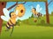 Cartoon bee background. Flying flowers yellow insects hive honeycomb apiary vector bee characters working