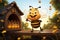Cartoon bee on beehive, waving beside honey jars, honeybees in flight charming countryside scene