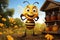 Cartoon bee on beehive, waving beside honey jars, honeybees in flight charming countryside scene