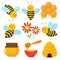 Cartoon bee. Cute bees, flowers and honey. Isolated vector characters set