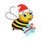 Cartoon bee mascot character holding surprise illustration.