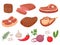 Cartoon beef steaks. Grilled steak, beef meats and filet mignon. Pepper and spices, garlic, onion and tomatoes vector