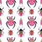 Cartoon beetle seamless pattern. Doodle bright colorful hand drawn bug, beautiful insect white and pink colors modern background,
