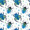 Cartoon beetle seamless pattern. Doodle bright hand drawn bug, beautiful insect white and blue colors modern background,